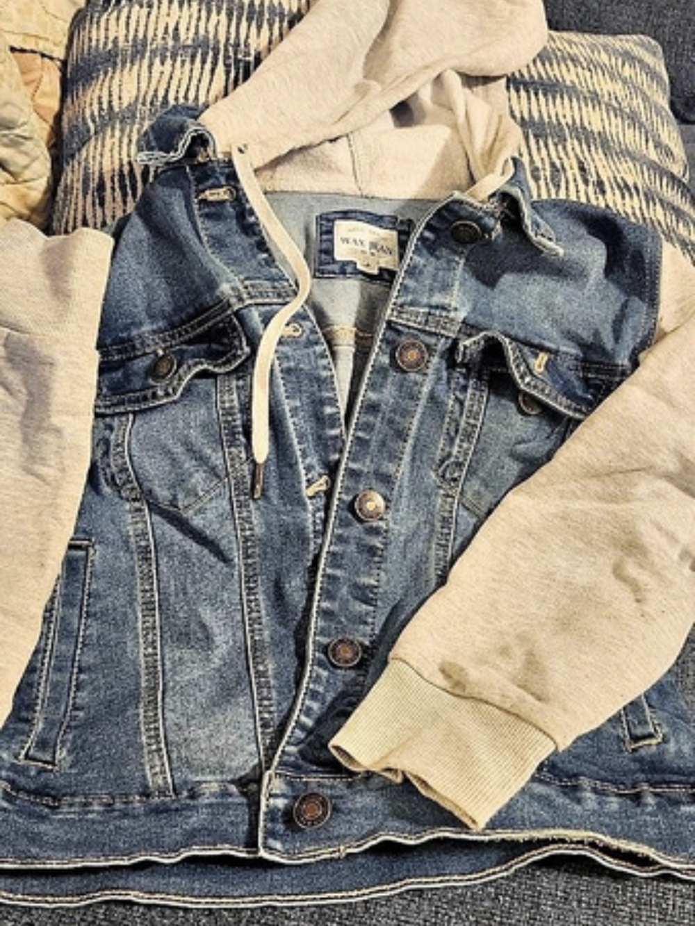 Wax Jean Fleece Sleeve and Hood Denim Jacket Blue & Cream Medium